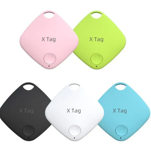 Small coloured Bluetooth anti-lost tracker for keys and wallets showing five colour options