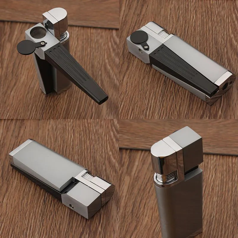 Silver foldable metal pipe lighter showing open stash compartment and ignition mechanism