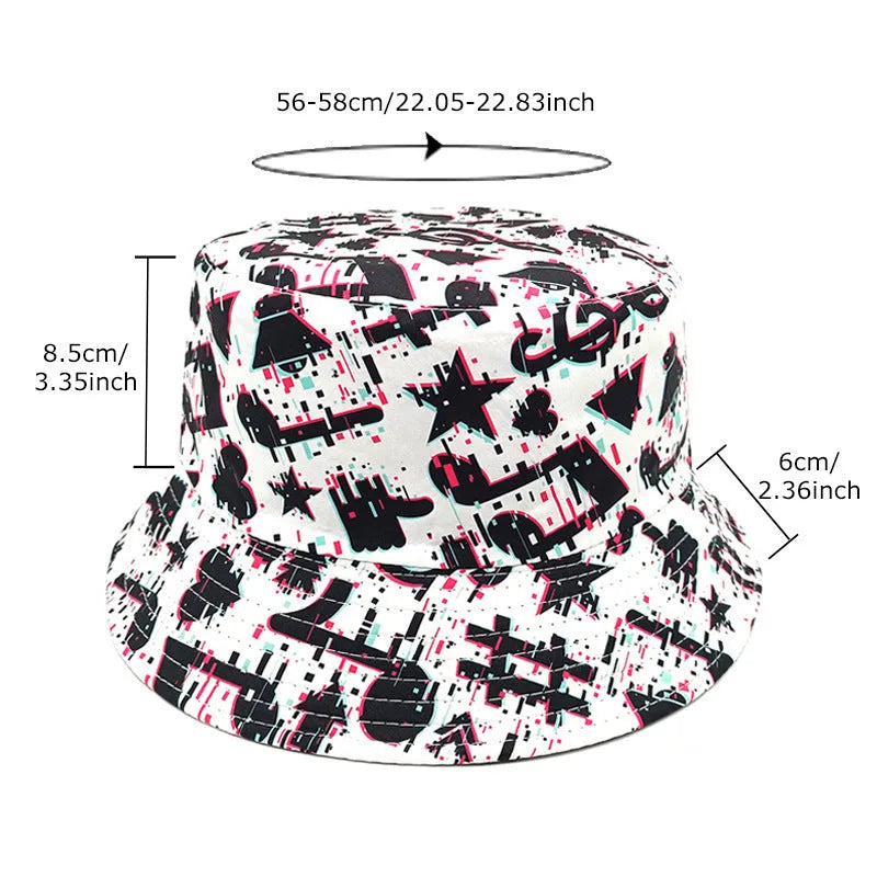 White bucket hat with black musical note pattern print, dome crown, and medium size label.