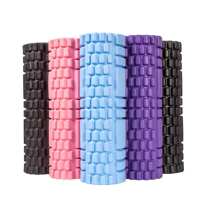 EVA foam roller in black, grey, pink, sky blue, or light purple, showing 30cm or 33cm length options.
