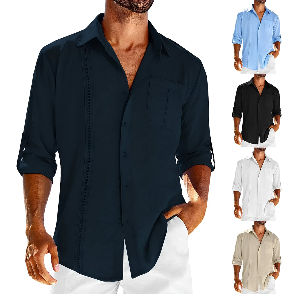 Mens casual long sleeve shirt with lace polo collar and button front in cotton blend fabric