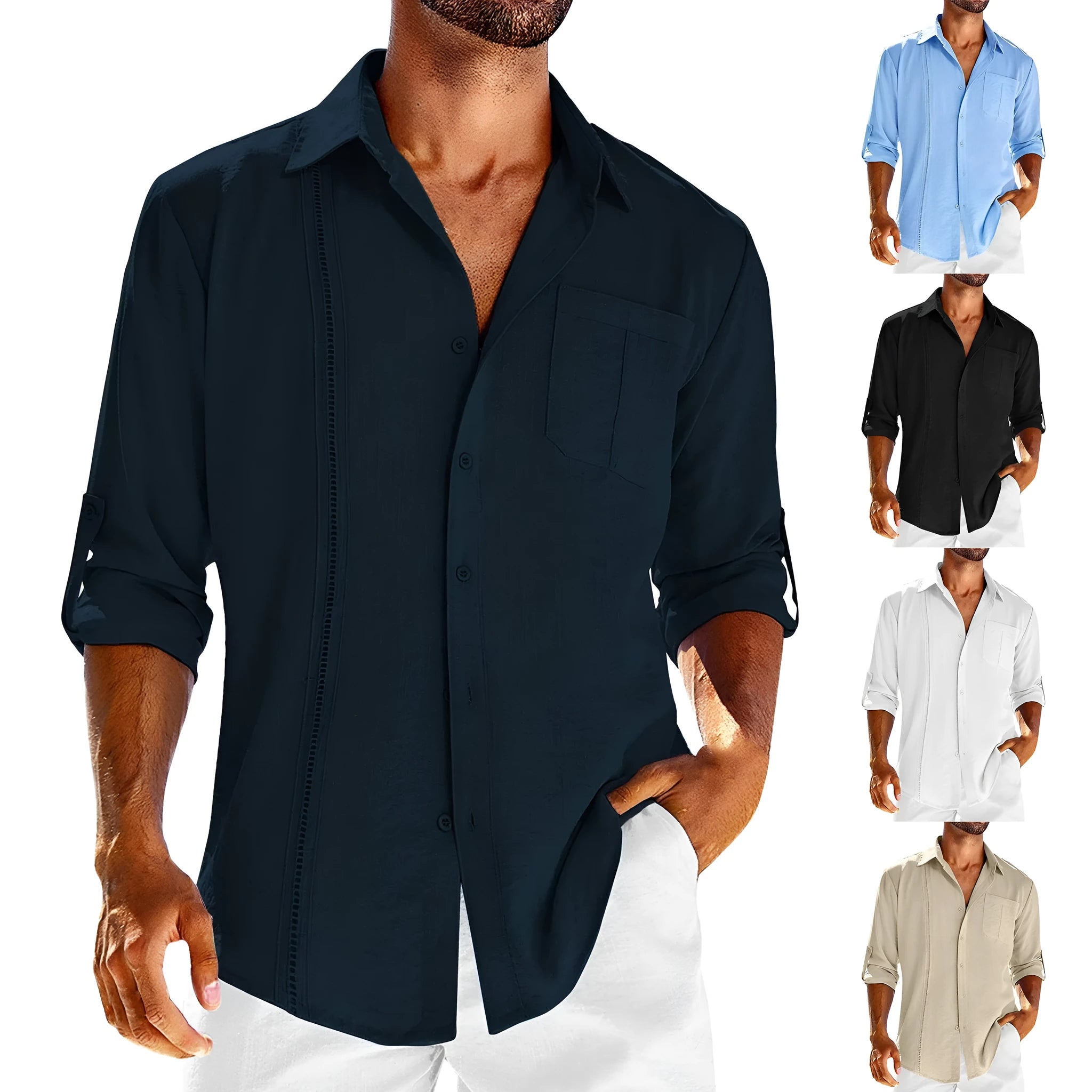 Mens casual long sleeve shirt with lace polo collar and button front in cotton blend fabric