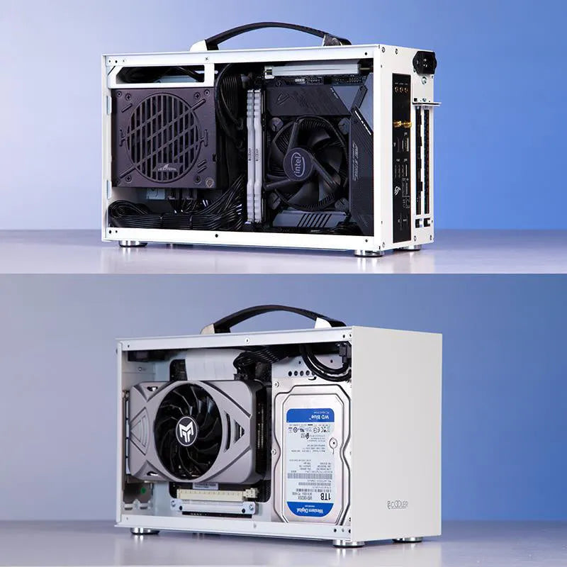 Three Hummingbird Portable mini-ITX steel computer case in titanium grey on a desk