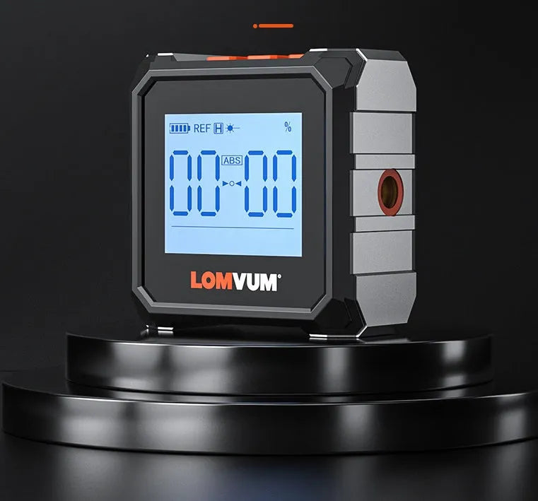 Longyun digital laser infrared tape measure with alloy casing and backlit display on a wooden workbench.