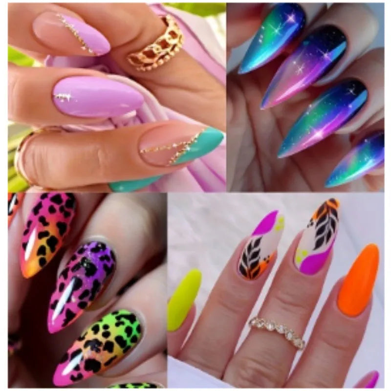 Wear Armour medium almond frosted nail stickers showing four designs: French colourful leaves, star flash macaron, gradient leopard print and colourful plating