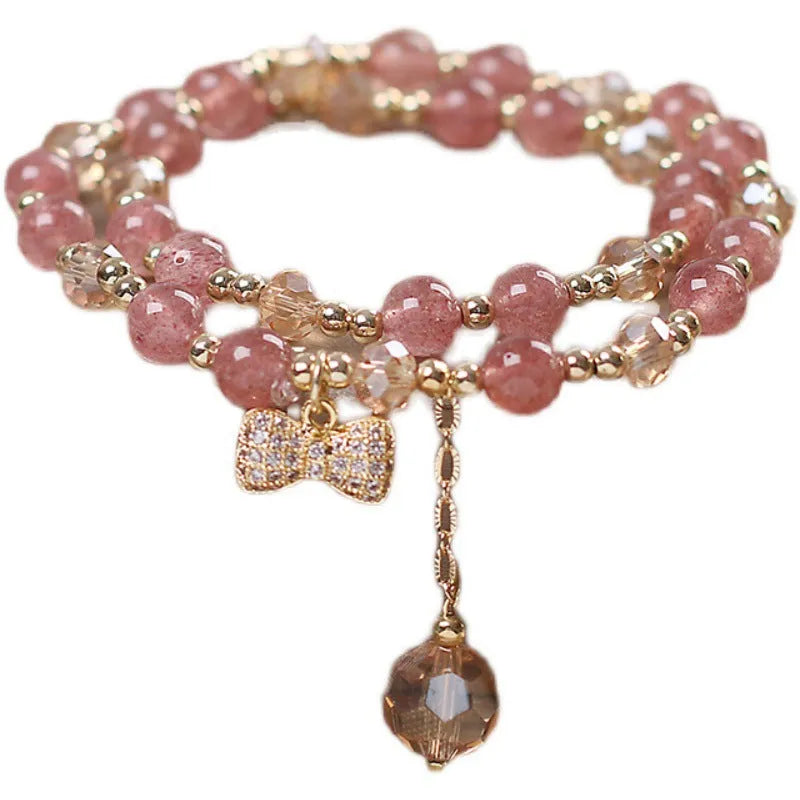 Fairy style natural strawberry quartz bracelet women's double layer gold U-shaped crystal jewellery
