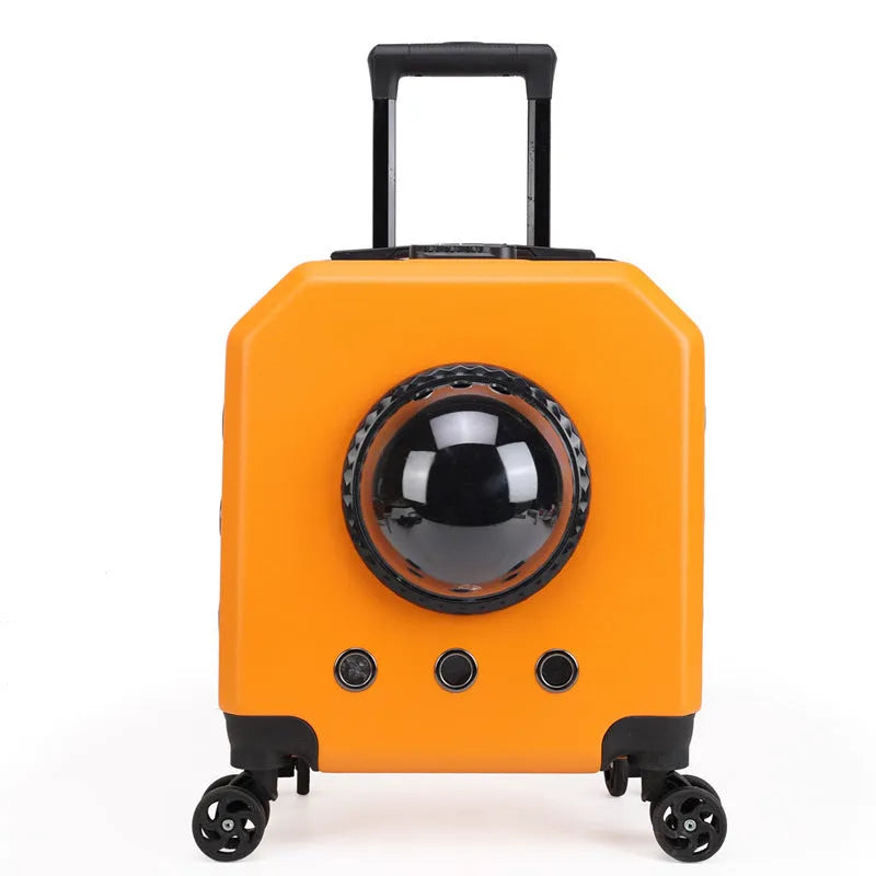 PVC hard-shell pet flight case with trolley handle in solid colour options for airline travel