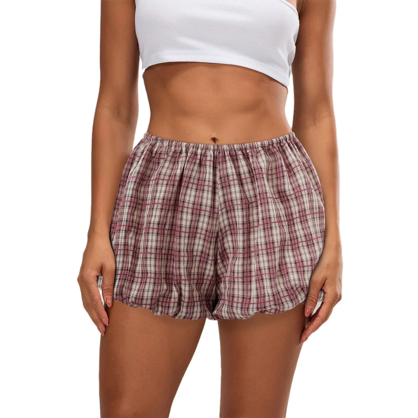 Women's casual plaid polyester bloomers shorts with elastic waist in dark khaki colour