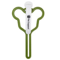 A hands-free dog poop bag holder with a hook and loop fastener strap, shown attached to a dog leash.