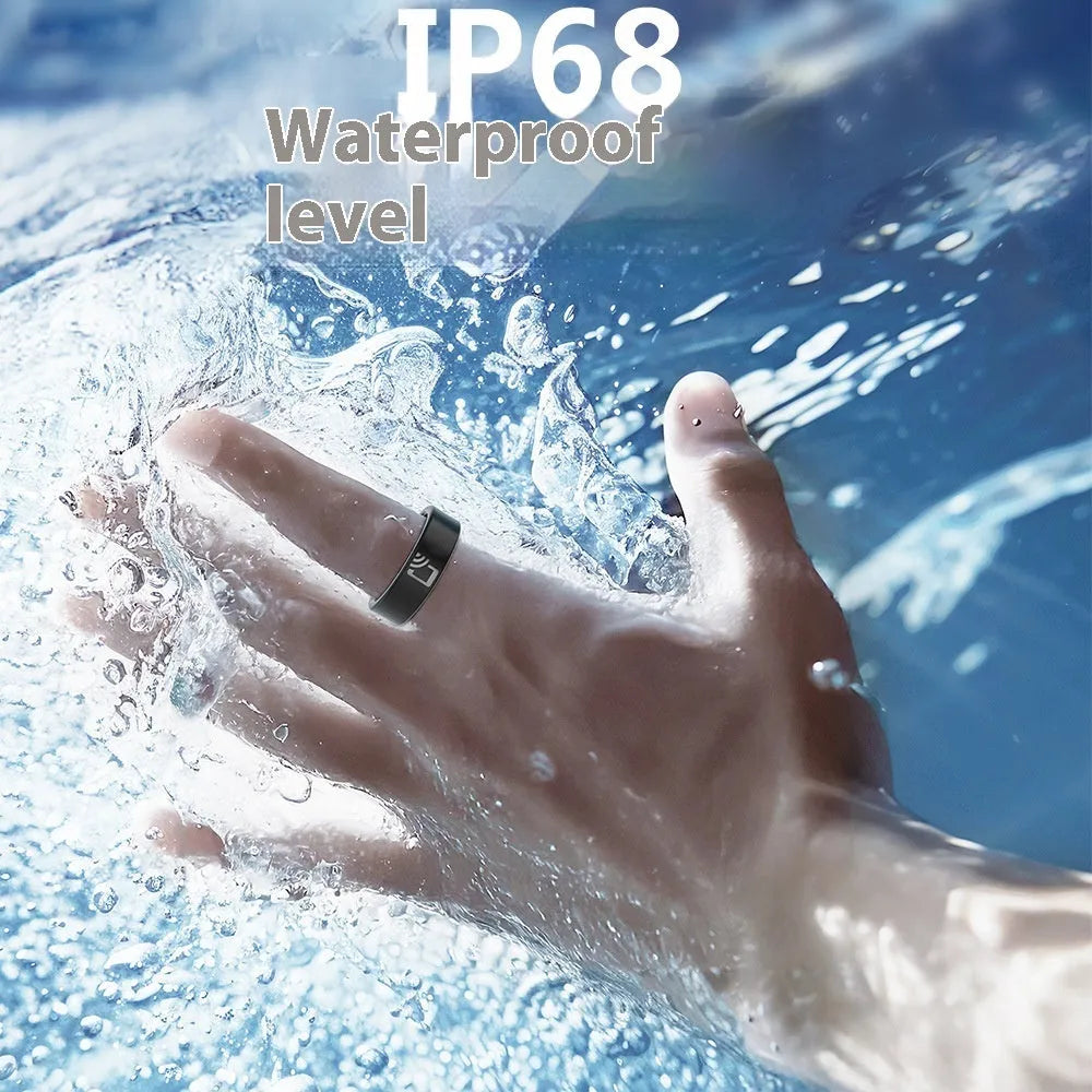 Black ceramic smart ring for heart rate, blood oxygen and sleep monitoring on a finger.