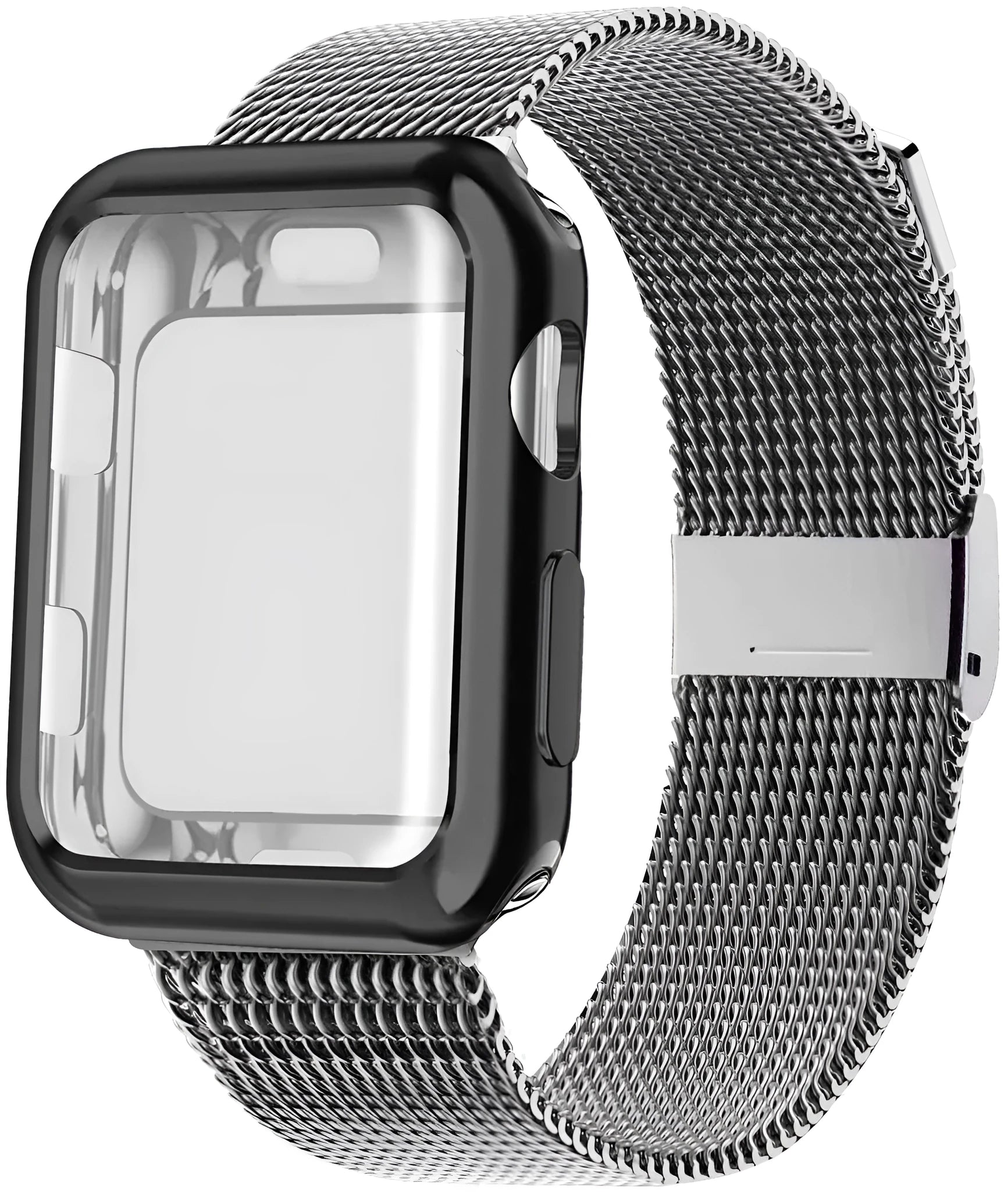 Silver magnetic Milanese loop metal band attached to an Apple Watch on a wrist, showing the adjustable magnetic clasp.