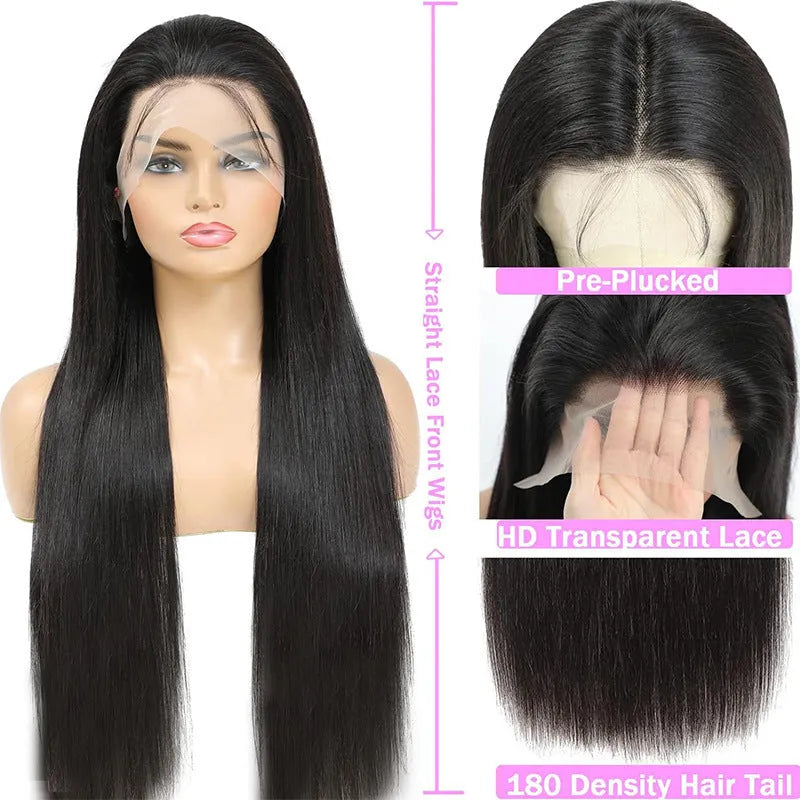 13x6 straight lace front human hair wig in black colour displayed at various lengths