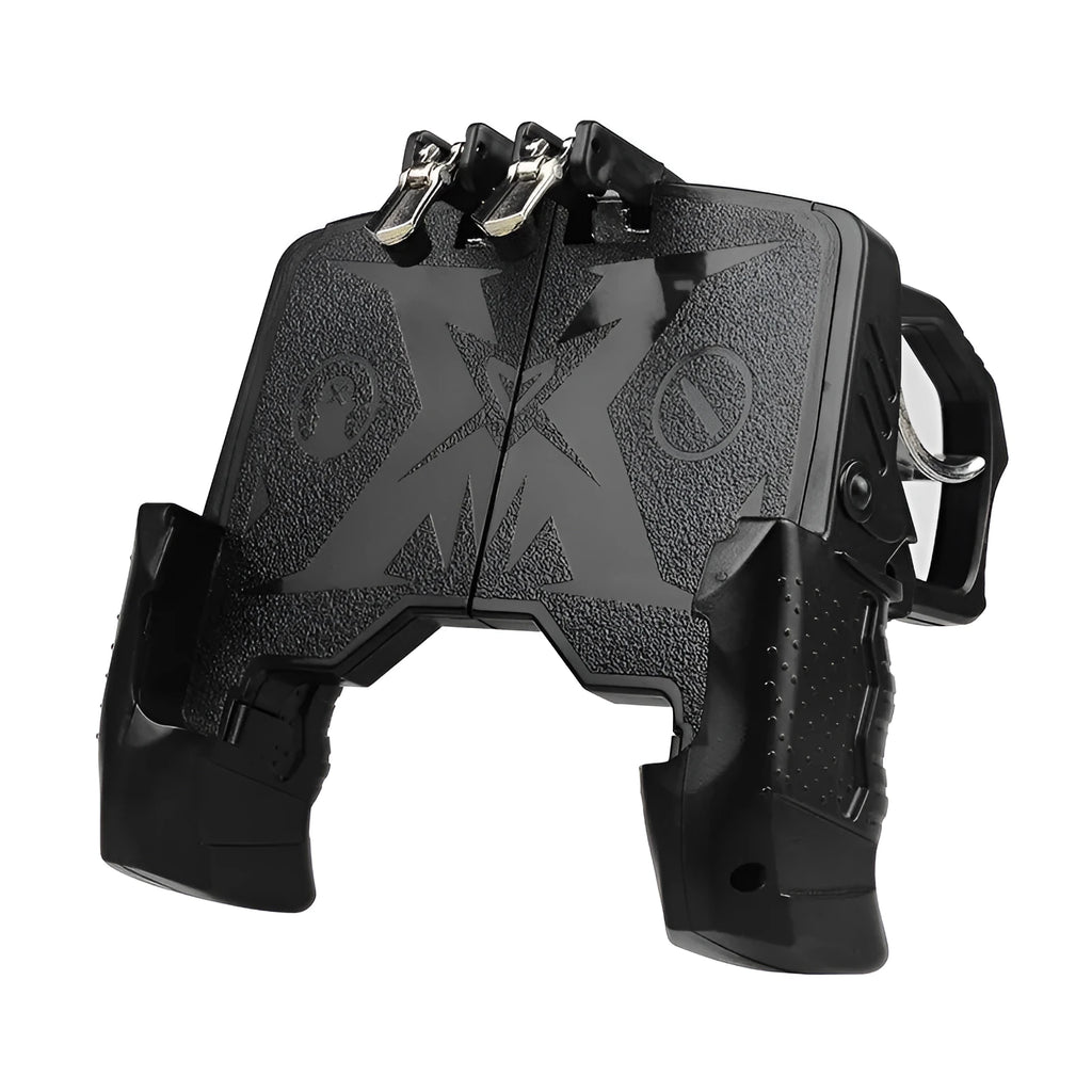 Black plug-in mobile phone gaming handle attached to a smartphone, showing ergonomic grips and physical buttons.