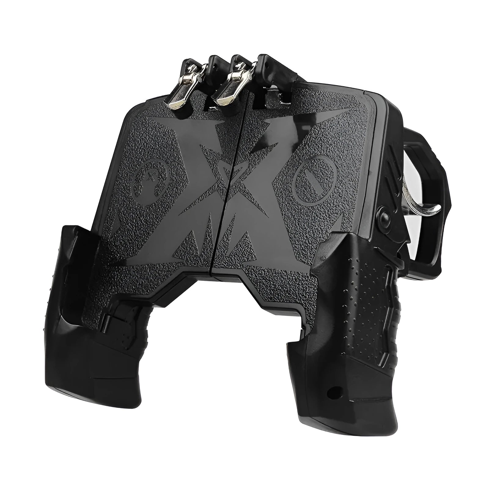 Black plug-in mobile phone gaming handle attached to a smartphone, showing ergonomic grips and physical buttons.