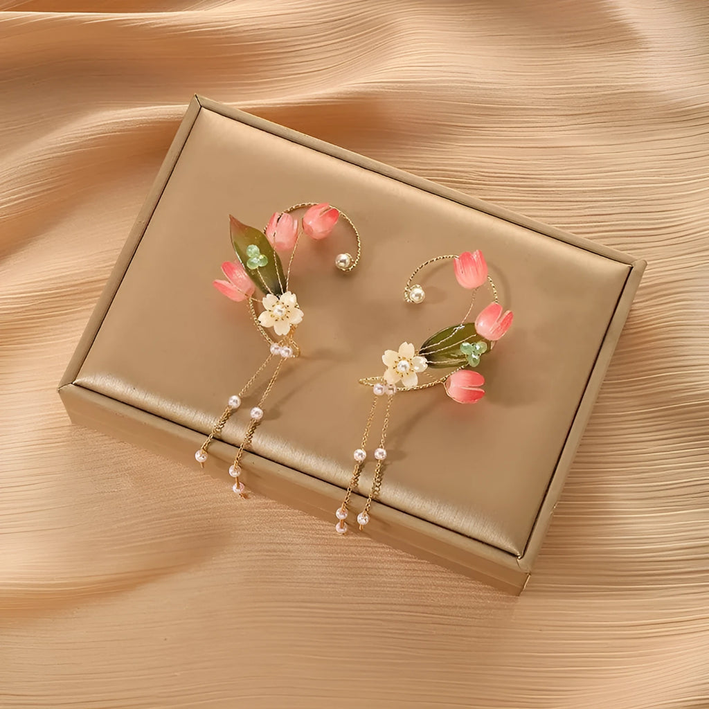 Pink flower earrings with long pearl tassel on alloy base with silver or gold plating