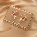 Pink flower earrings with long pearl tassel on alloy base with silver or gold plating