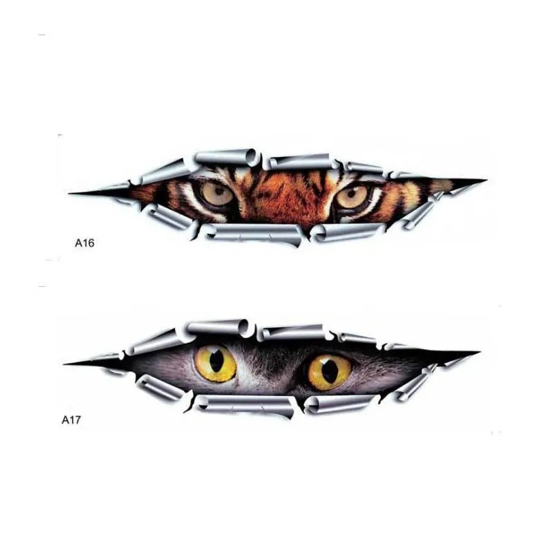 Tiger Eye Eagle Eye 3D car bumper sticker on transparent PVC, 10 cm by 35 cm.