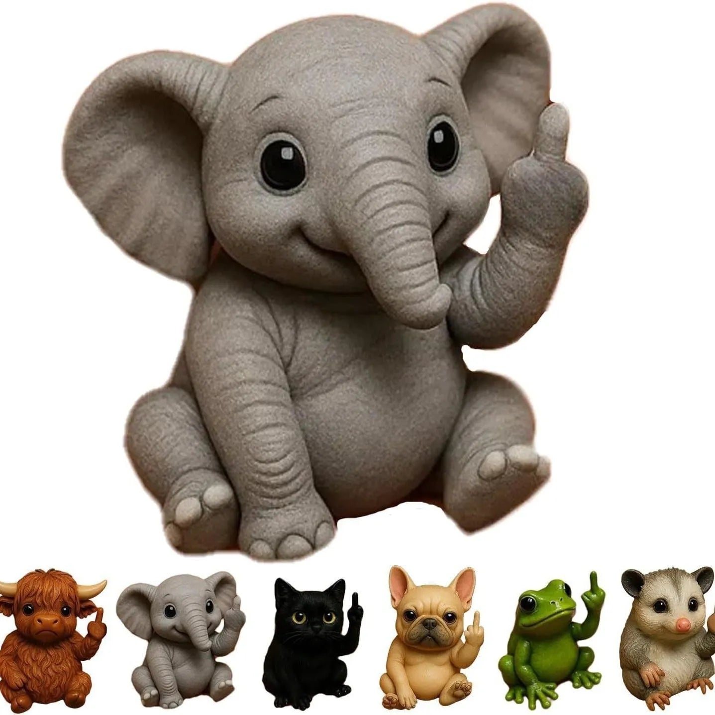 Mini animal-themed vertical middle finger doll ornament in resin and plastic on a desk.