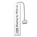 Stainless steel bookmark with tassel decoration measuring 13cm by 2.6cm