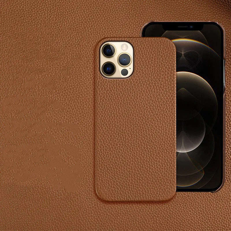 Genuine leather brown iPhone protective case showing half-coverage design on an iPhone.