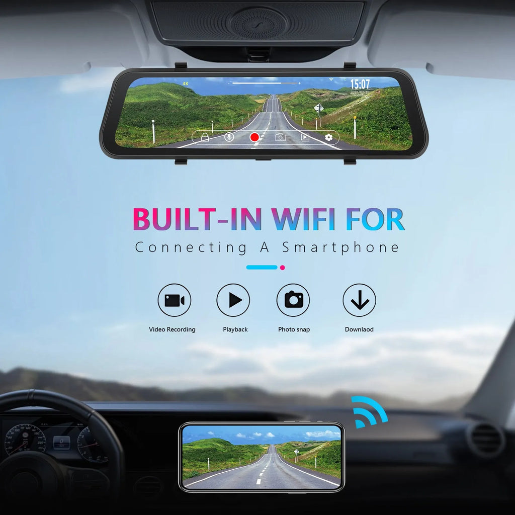 Streaming media rearview mirror dash cam with 9.66 inch IPS touch screen and dual camera system