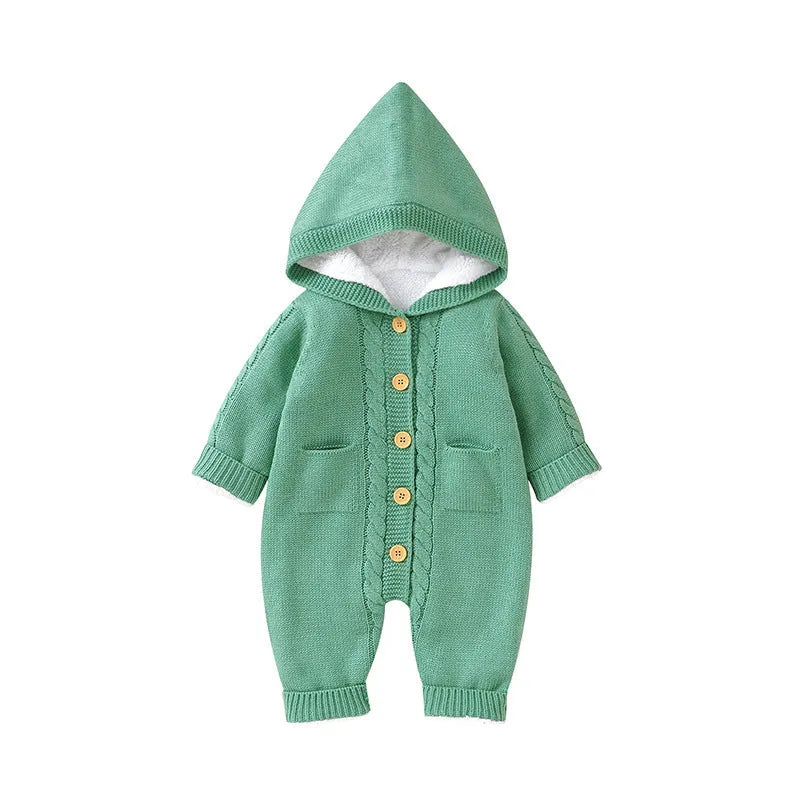 Baby winter thickened knitting jumpsuit romper in medium gray with long sleeves, suitable for crawling