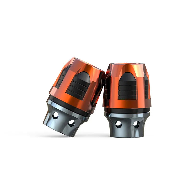 A pair of anodised aluminium alloy fork cups for motorcycle or electric car front axles.
