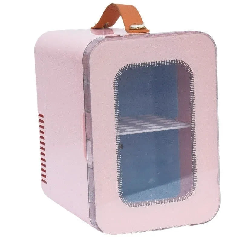 Beauty mini refrigerator with transparent door in pink colour showing dual hot cold functions