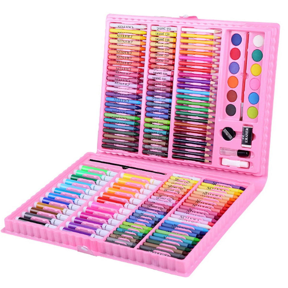 168-piece watercolour pen, oil pastel, and brush painting set in a plastic case, shown in black or pink