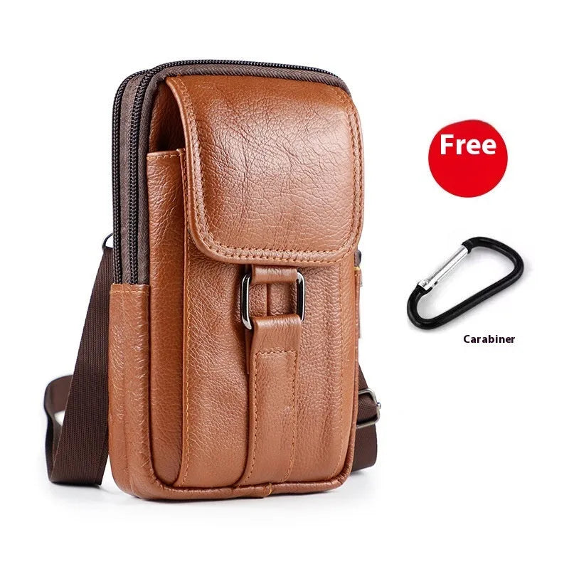 Men's genuine leather crossbody waist bag with coin pocket and lock detail in vertical square shape