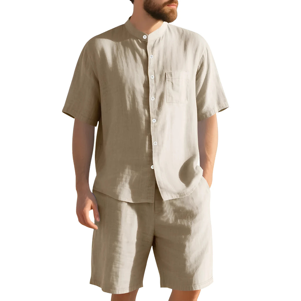 Men's linen blend summer suit with Henry collar shirt and matching shorts in multiple colour options