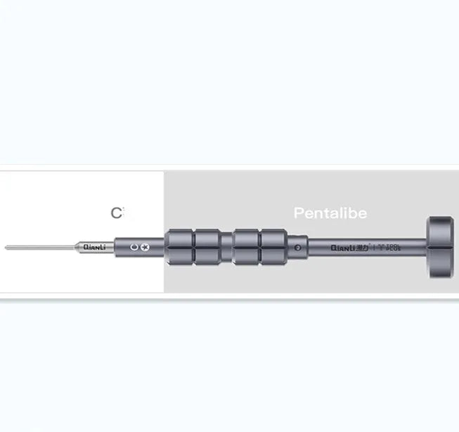 iPhone compatible precision screwdriver with grenade-shaped aluminium handle and five bit types including T2 cross triangle