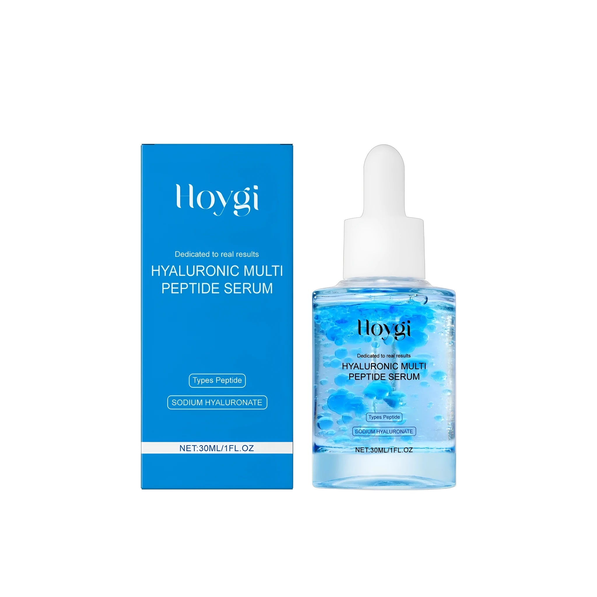 30 ml bottle of hyaluronic acid and multi-peptide facial serum.