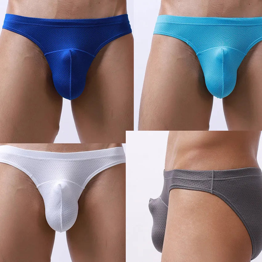 Men's loose-fit nylon briefs laid flat, showing light grey colour, elastic waistband, and breathable fabric texture.