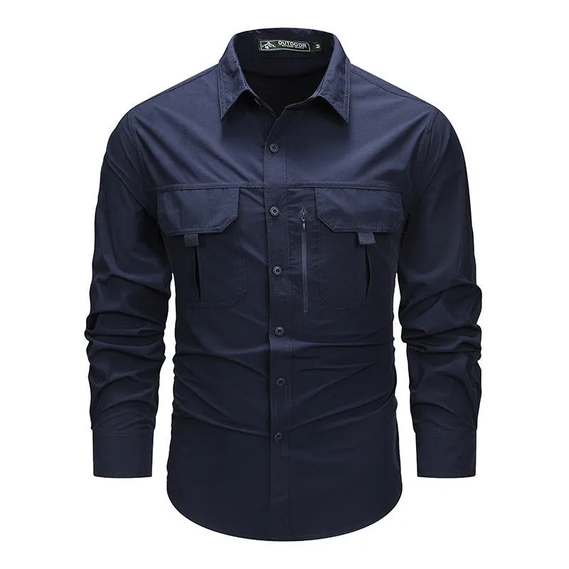 Men's long-sleeved solid colour casual shirt in khaki, regular fit, nylon-blend fabric