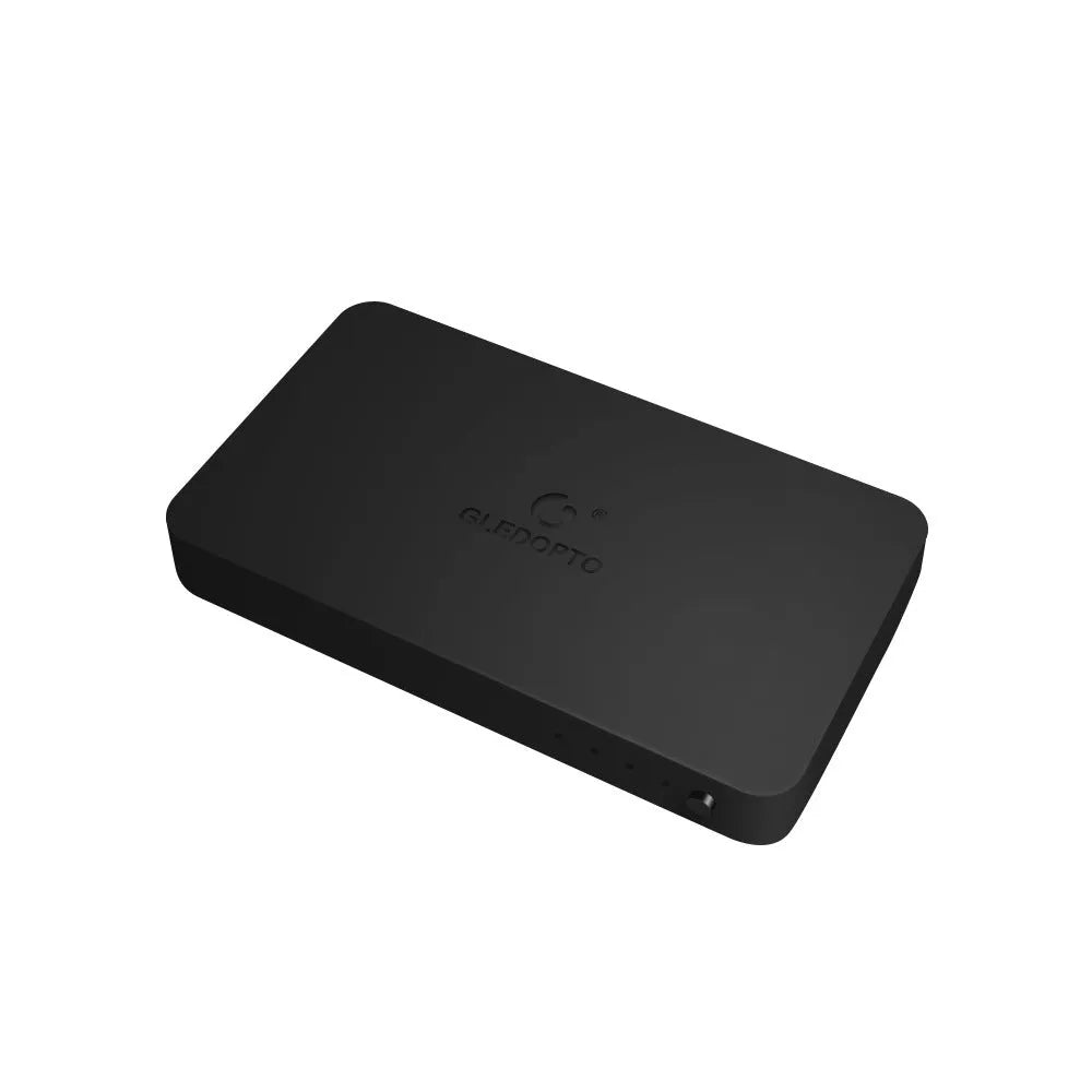 HDMI splitter box with dual ports and RGB light strip controller for PC and TV displays.