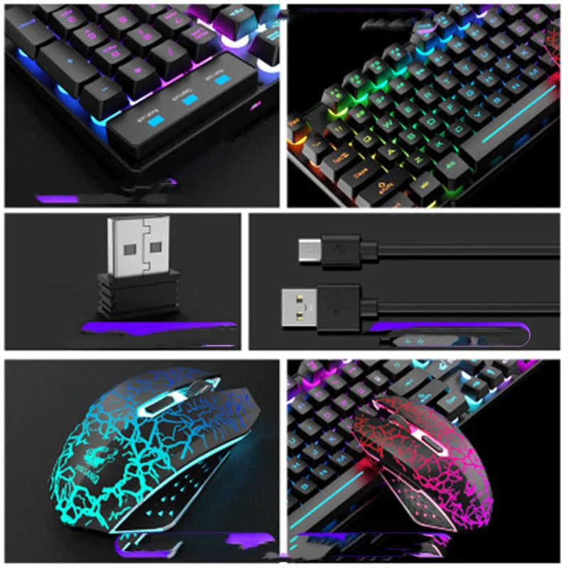 T3 wireless keyboard and mouse set with backlit keys in black or white, showing rainbow or orange lighting.