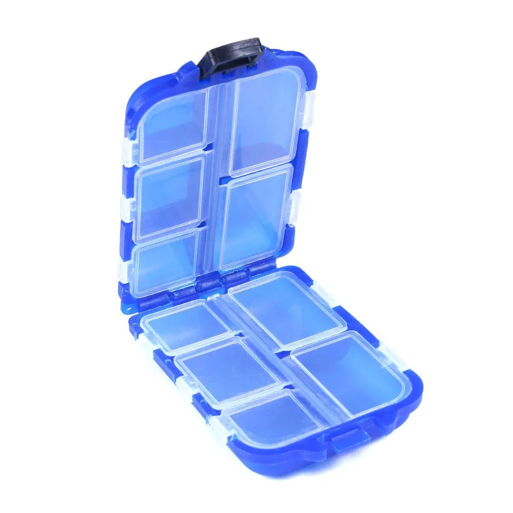 Black plastic fishing tackle storage box with 10 internal compartments, shown next to a ruler.