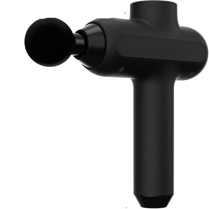 Black rechargeable muscle massager with six different coloured massage heads on a white background.