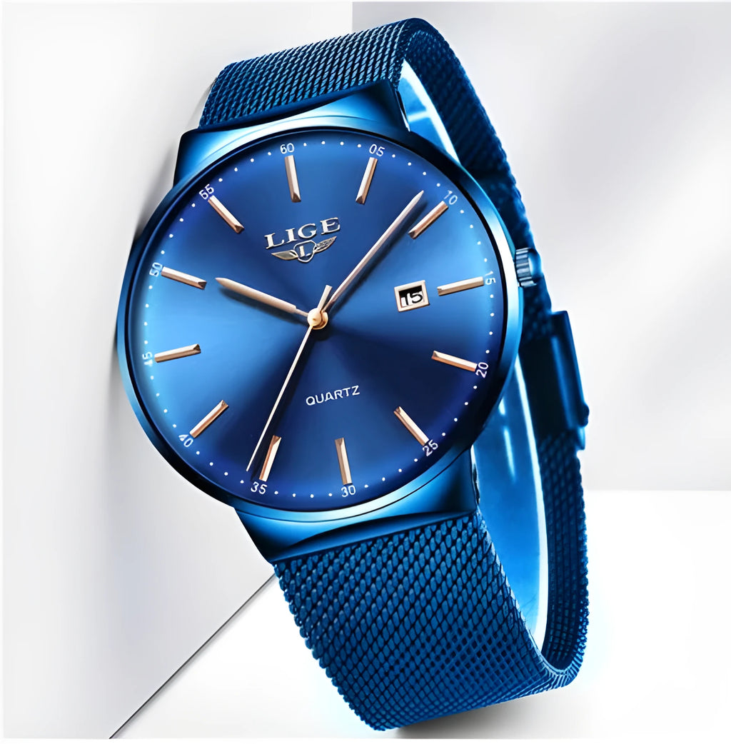 Men's stainless steel wristwatch with a 40mm case shown in black, blue, and two-tone colour variants