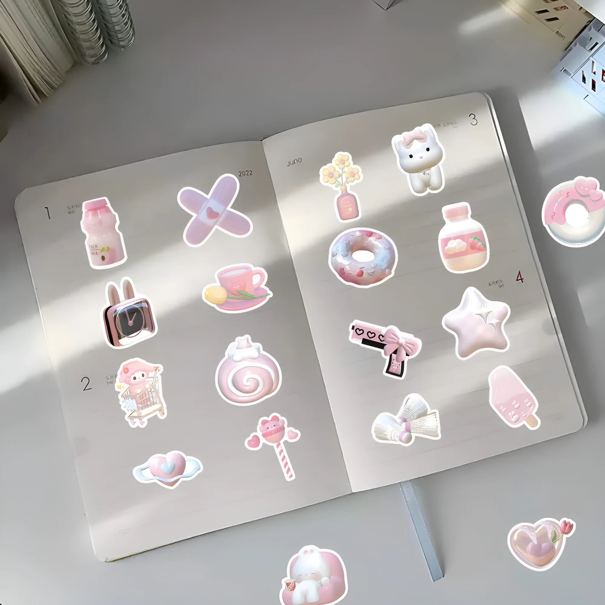 Sheet of 63 light pink 3D decorative stickers with cute girl and heart designs.