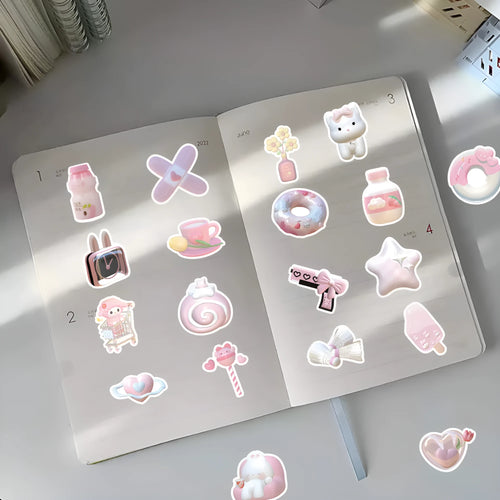 Sheet of 63 light pink 3D decorative stickers with cute girl and heart designs.