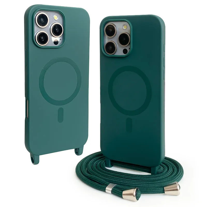 Black magnetic lanyard phone case for iPhone with frosted TPU finish and crossbody strap holder