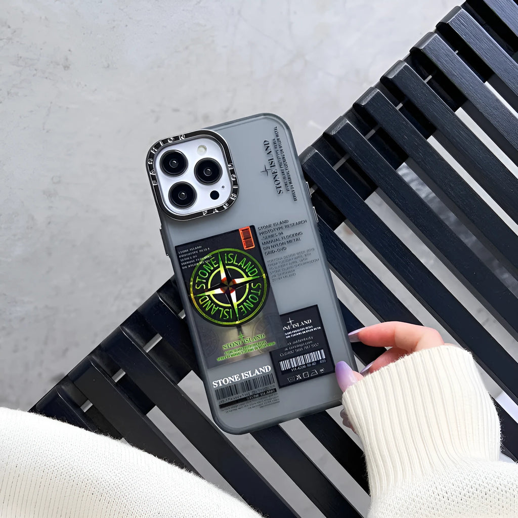 Creative Text Phone Case with hard back and soft edges, electroplated lens ring in purple stone island label, for iPhone