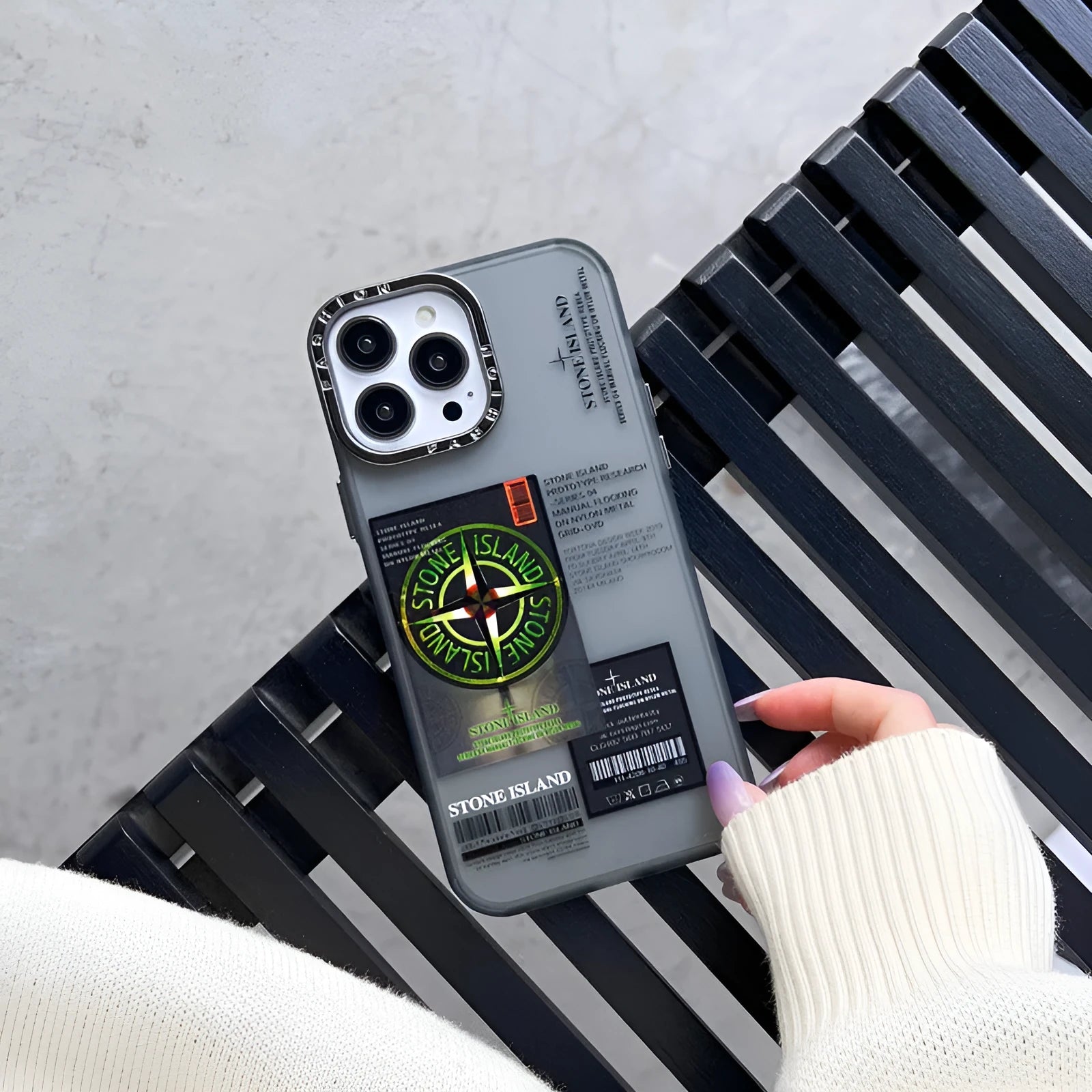 Creative Text Phone Case with hard back and soft edges, electroplated lens ring in purple stone island label, for iPhone
