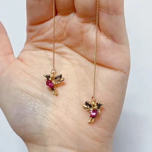 Bird hanging long drop earrings with mixed zirconium wings in alloy material