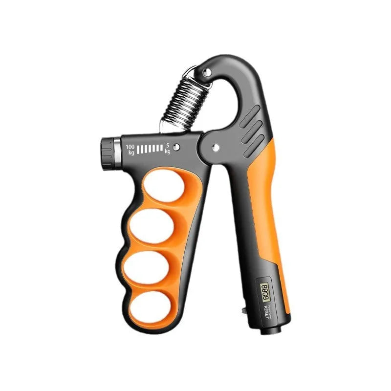 Adjustable electronic count spring grip with digital display in orange, red, or grey.