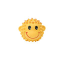 Orange and yellow latex squeaky dog toy with spiky texture, shaped like an animal.