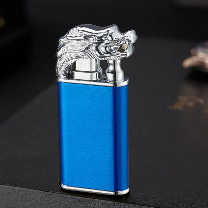 Creative blue flame lighter with windproof double fire and novelty dragon design, metal body