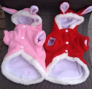 Fleece pet hoodie with rabbit design in pink or red, sizes XS to XL, for cats and small puppies